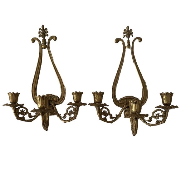 Vintage Heavy BrassTwo Arm Lyre Back Candle Sconces Tulip Sockets One Pair